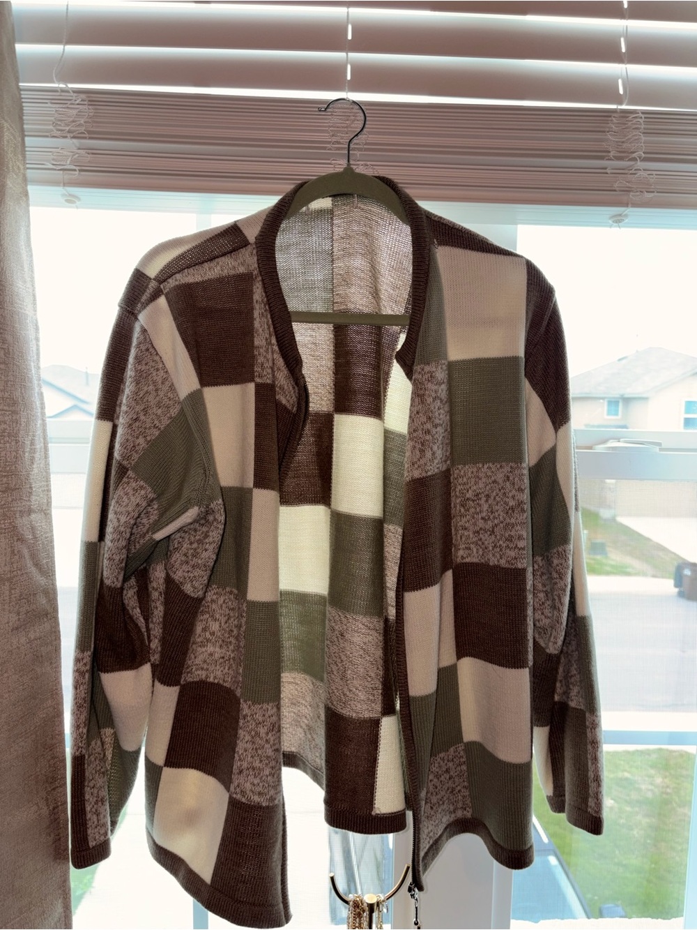 Multi-Color Checker Knit Open Cardigan